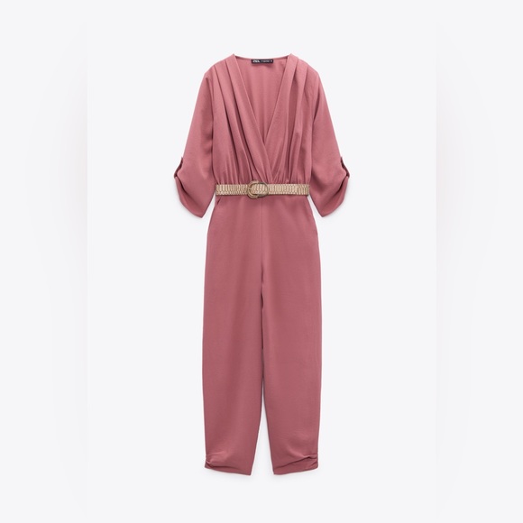 ZARA Blush Belted V-neck Jumpsuit - Picture 6 of 8